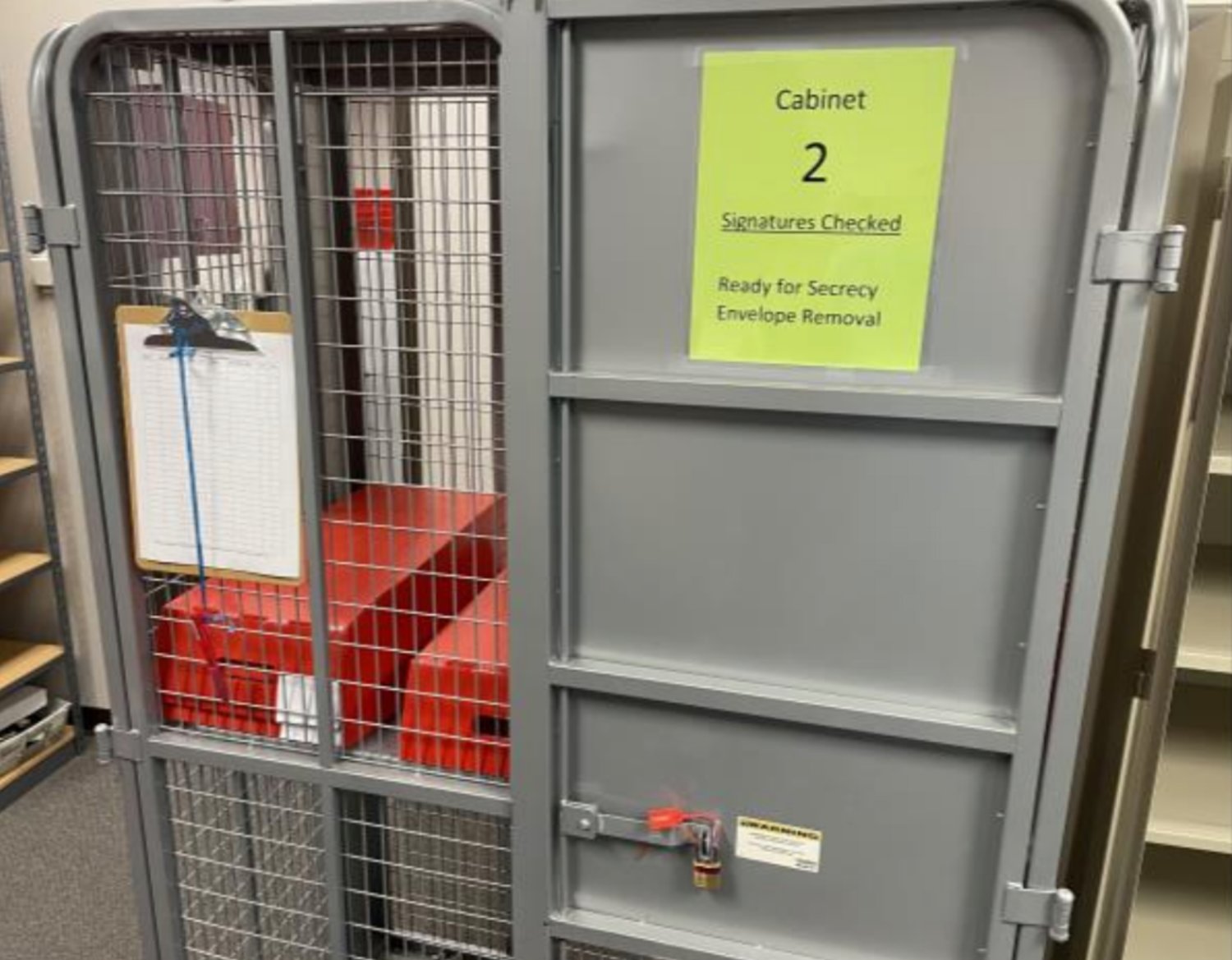 Ballots are secured in a locked cage inside the Lewis County Elections’ offices in this photo provided in a Lewis County news release.